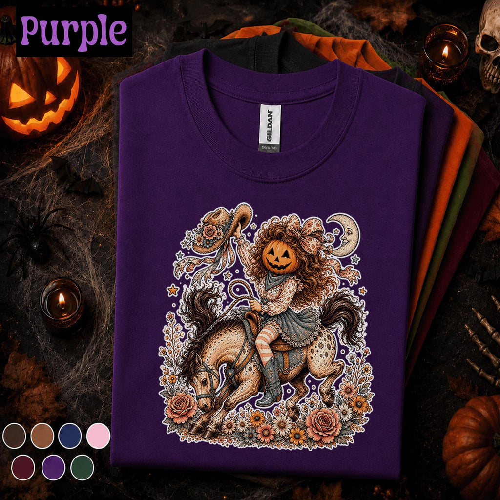 Pumpkin Cowgirl Halloween Shirt, Western Horse Rider Tee, Vintage Cowgirl Pumpkin T Shirt, Spooky Rodeo Fall Floral Halloween Gift