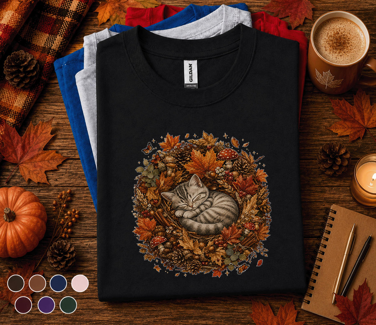 Cute Sleeping Fall Cat Shirt, Cozy Autumn Kitten Wreath Tee
