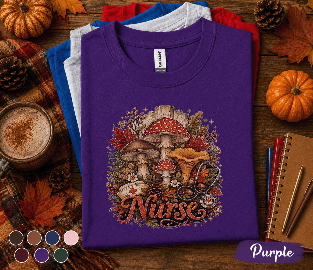 Fall Nurse Shirt, Autumn Mushroom Nurse Tee, Cute RN Fall Shirt, Cozy Nurse Gift, Medical Shirt, Pumpkin Season Nurse Tee, Nurse Gift
