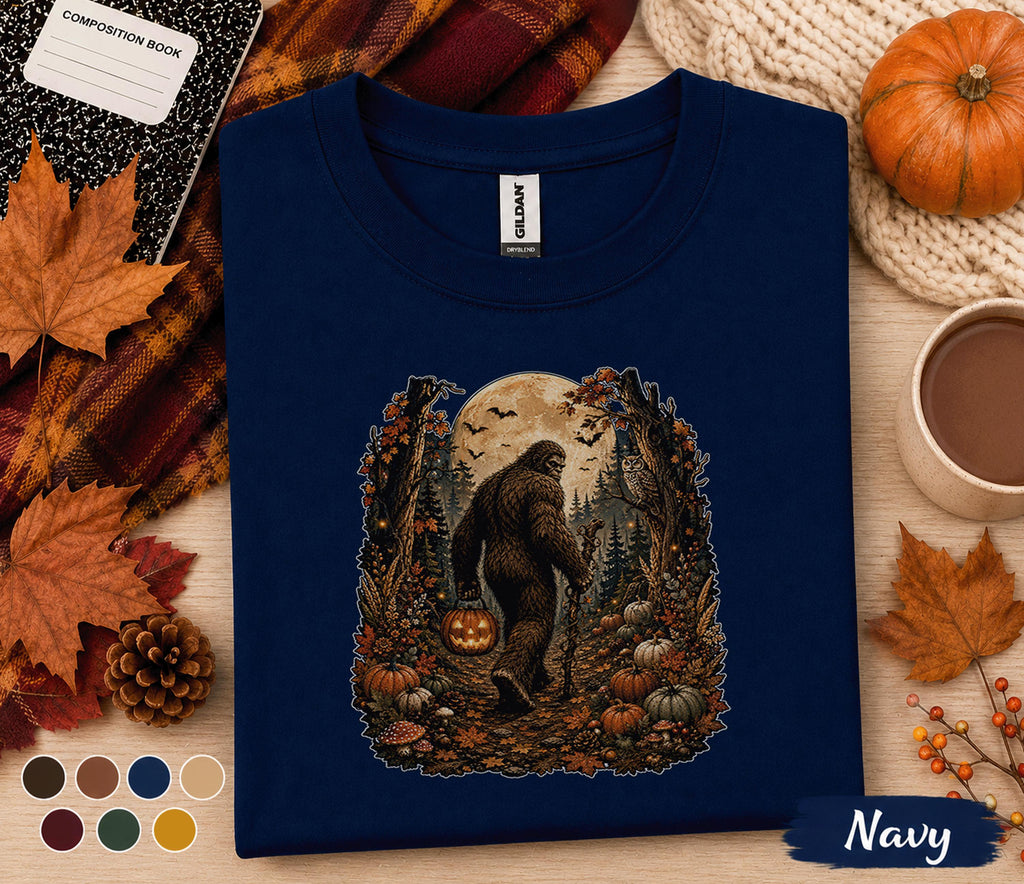 Bigfoot Halloween Fall Shirt, Sasquatch Pumpkin Tee, Spooky Autumn Forest T-Shirt, Cryptid Moon Night Shirt, Cozy Halloween Gift Men Women