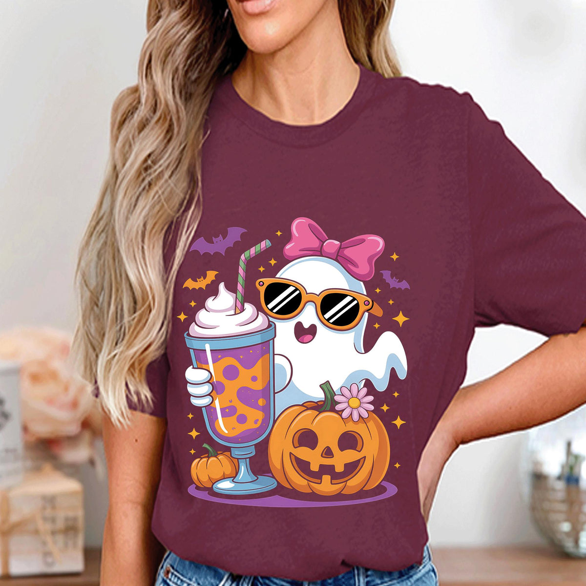 Kawaii Ghost Shirt with Pumpkin and Drink, Cute Spooky Season Tee, Pastel Halloween Aesthetic Sweatshirt Gift, Women Halloween Shirt Girls