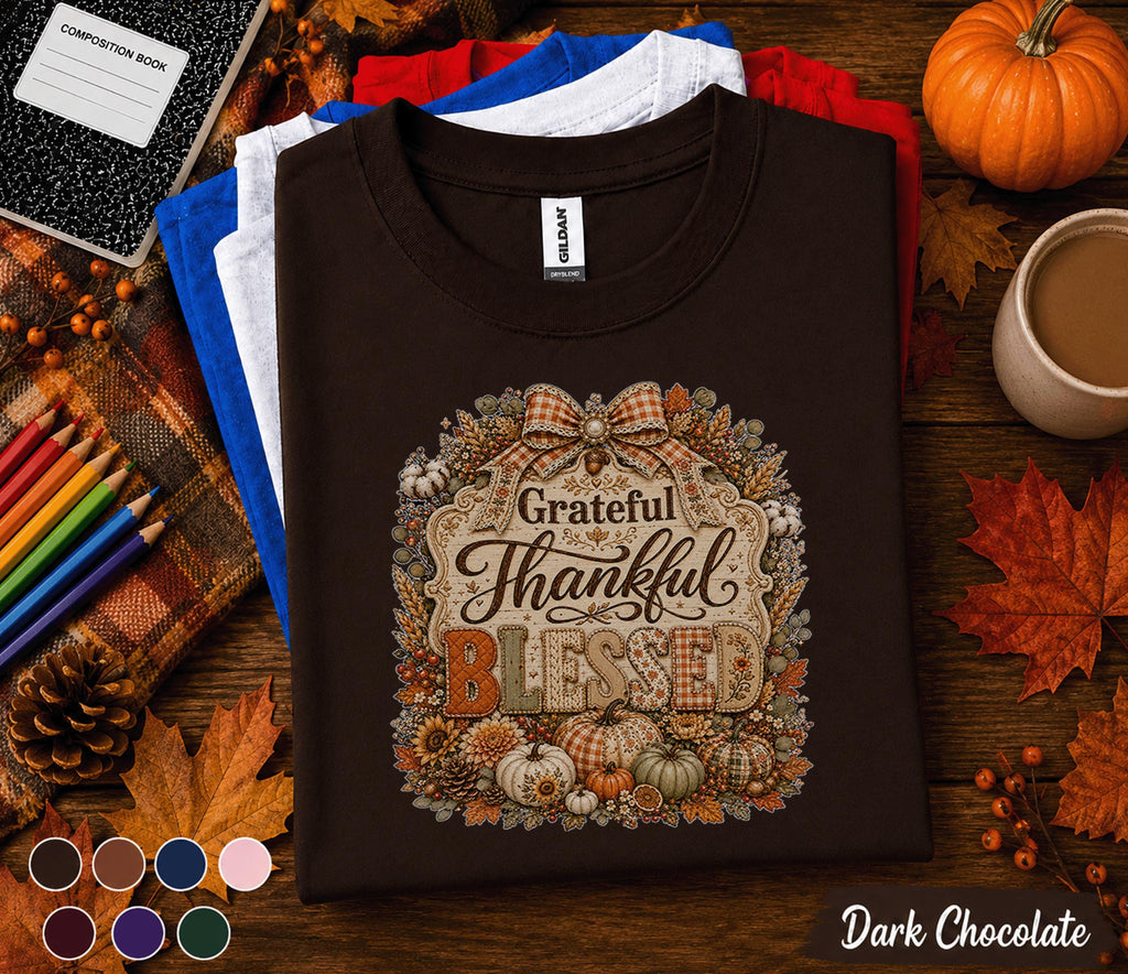 Grateful Thankful Blessed Shirt, Thanksgiving Pumpkin Tee, Cozy Autumn Sweatshirt, Rustic Fall Harvest Shirt, Plaid Bow Pumpkin Gift Women