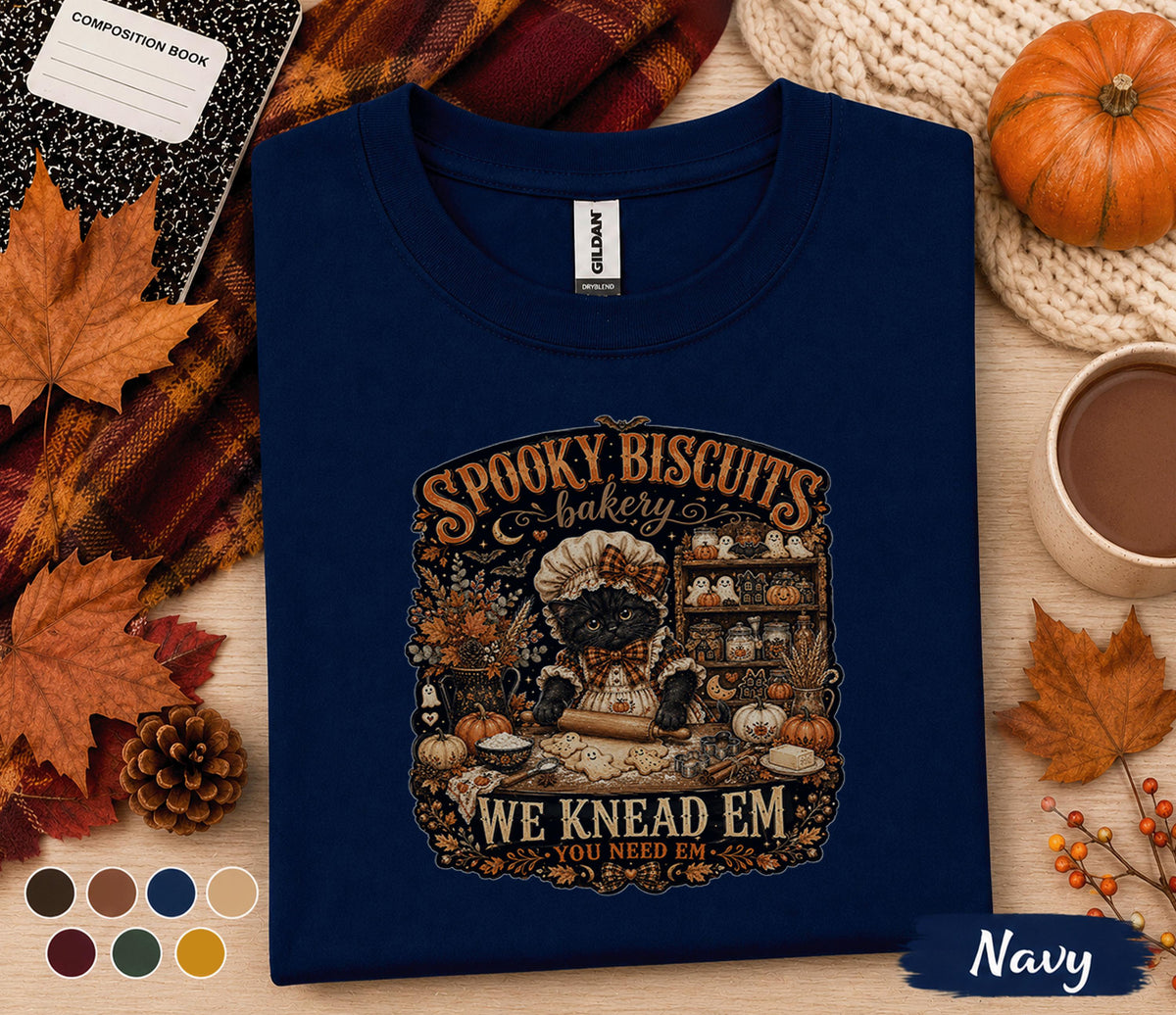 Spooky Biscuits Bakery Shirt, Halloween Black Cat Baker Tee, Cute Ghost Cookie T-Shirt, Witchy Baking Gift, Spooky Season Fall Shirt