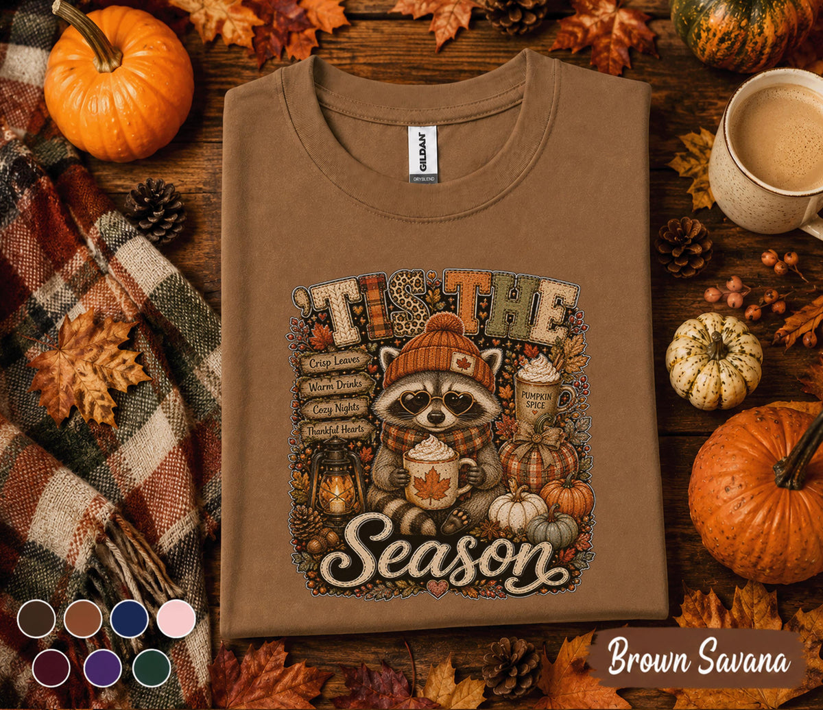 Tis The Season Raccoon Fall Shirt, Cute Autumn Raccoon Pumpkin Spice Tee, Cozy Fall Coffee Lover Shirt, Thanksgiving Harvest Tee