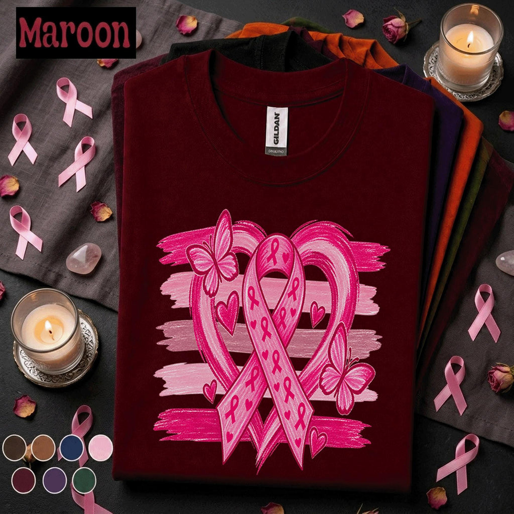 Breast Cancer Awareness Shirt, Pink Ribbon Butterfly Tee, Pink Heart Awareness Shirt, October Pink Out Breast Cancer Support Gift for Women