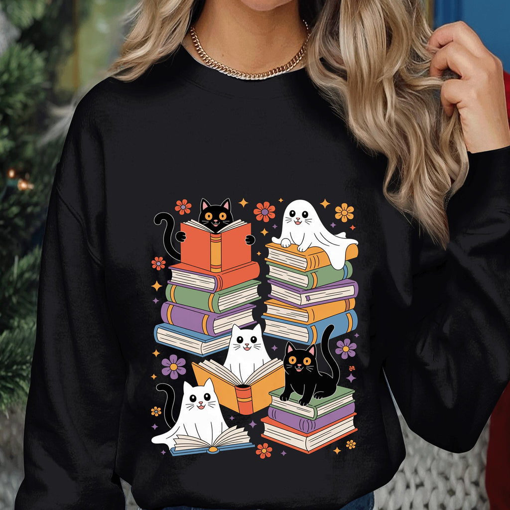 Halloween Cats Reading Books Shirt, Cute Ghost with Black Cats Book Tee, Spooky Book Club Sweatshirt, Cat Lover Halloween Reading Gift Shirt