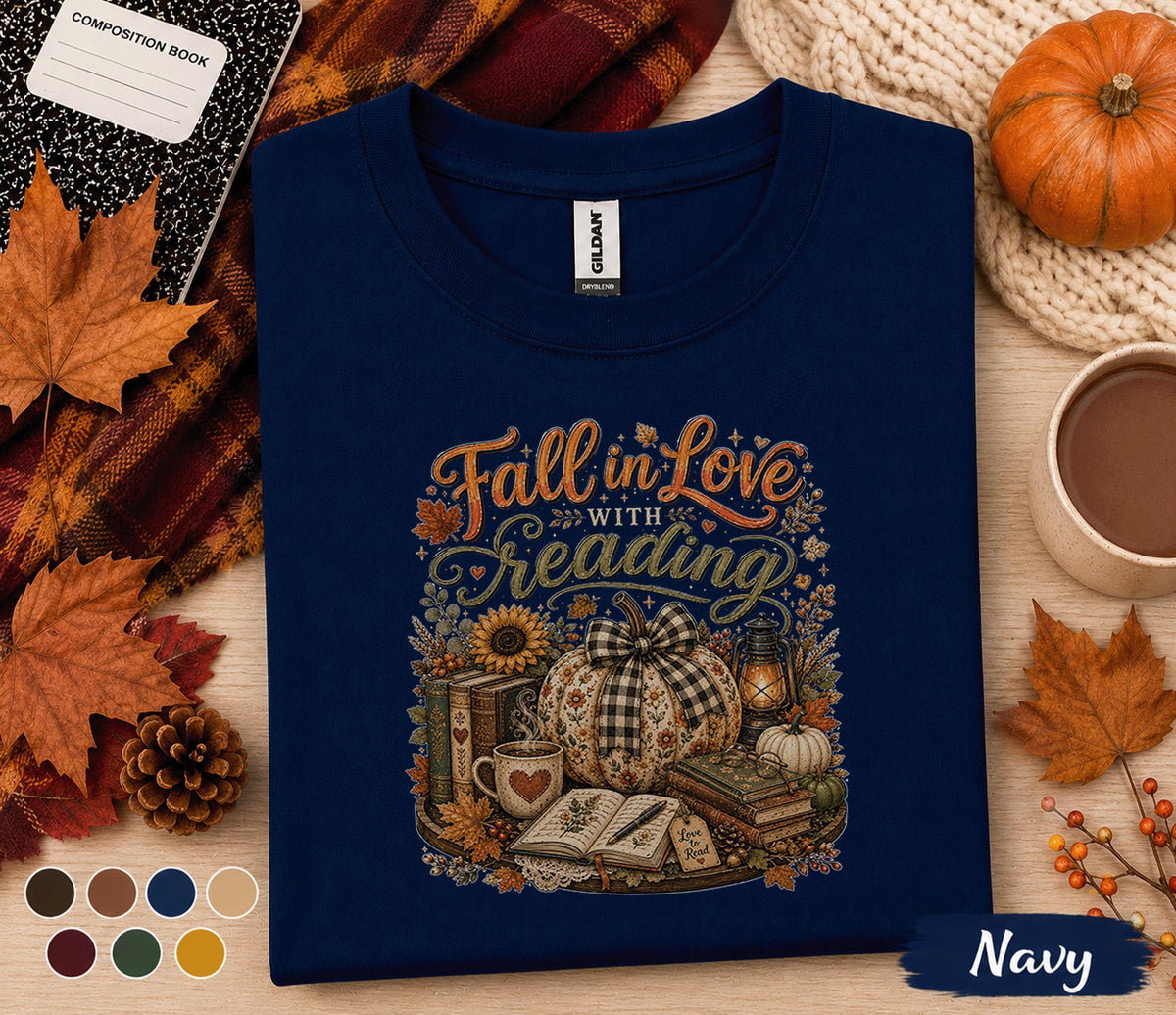 Fall in Love with Reading Shirt, Cozy Autumn Book Lover Tee, Pumpkin Library T-Shirt, Teacher Librarian Gift, Fall Bookworm Outfit