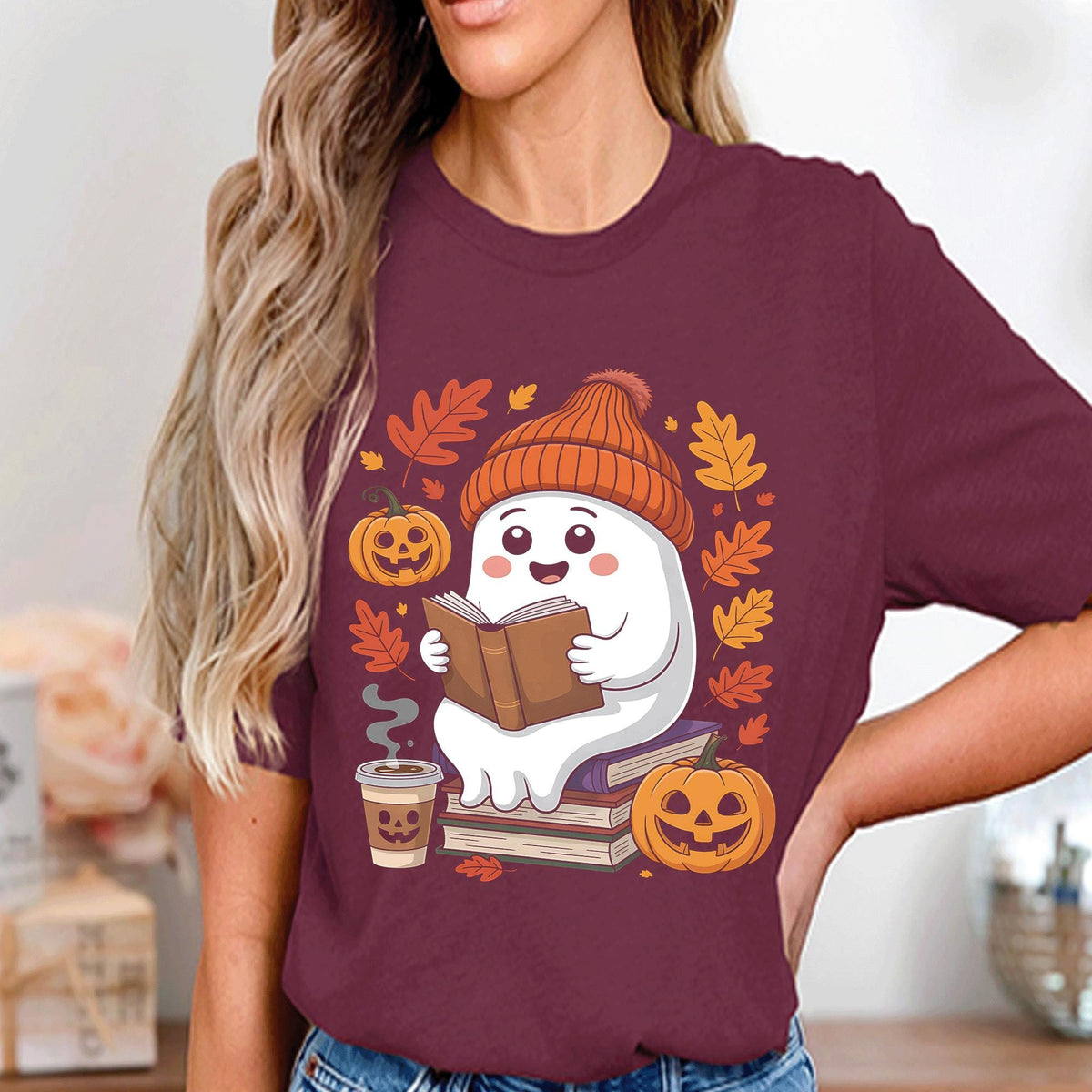 Ghost Reading Books Shirt, Teacher Librarian Halloween Sweatshirt, coffee Halloween Book Lover, Halloween School, Readers Fall Teacher Shirt