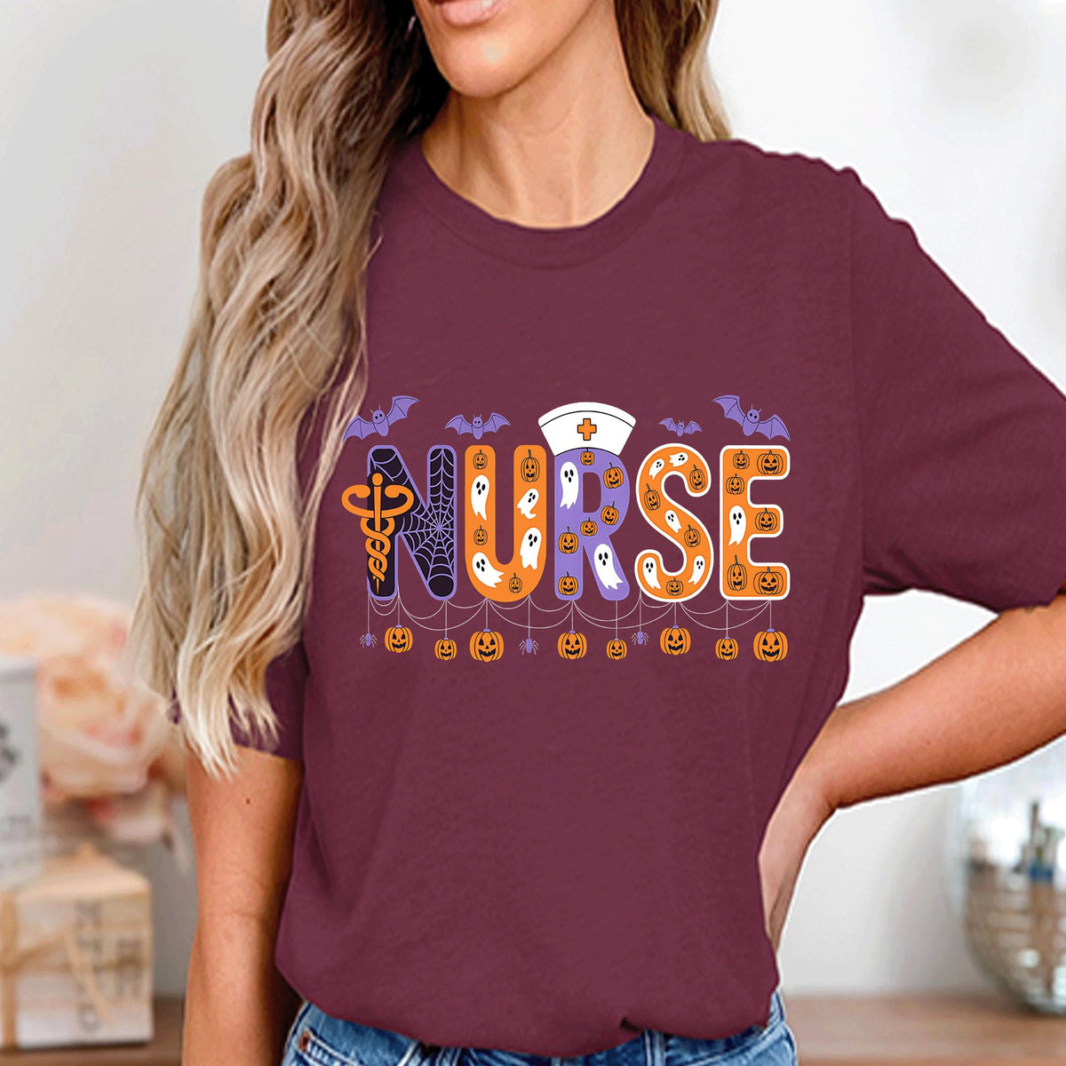 Spooky Nurse Halloween Shirt, Ghost Pumpkin Bat Web Funny Nurse Life Tee, Cute Medical Costume Outfit For Nurses And Healthcare Workers
