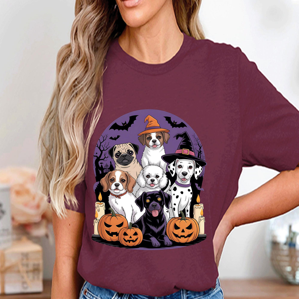 Cute Halloween Dog Shirt With Pumpkins And Witch Hats, Funny Puppy Group Graphic Tee, Spooky Pet Lover Halloween Costume Sweatshirt Gift