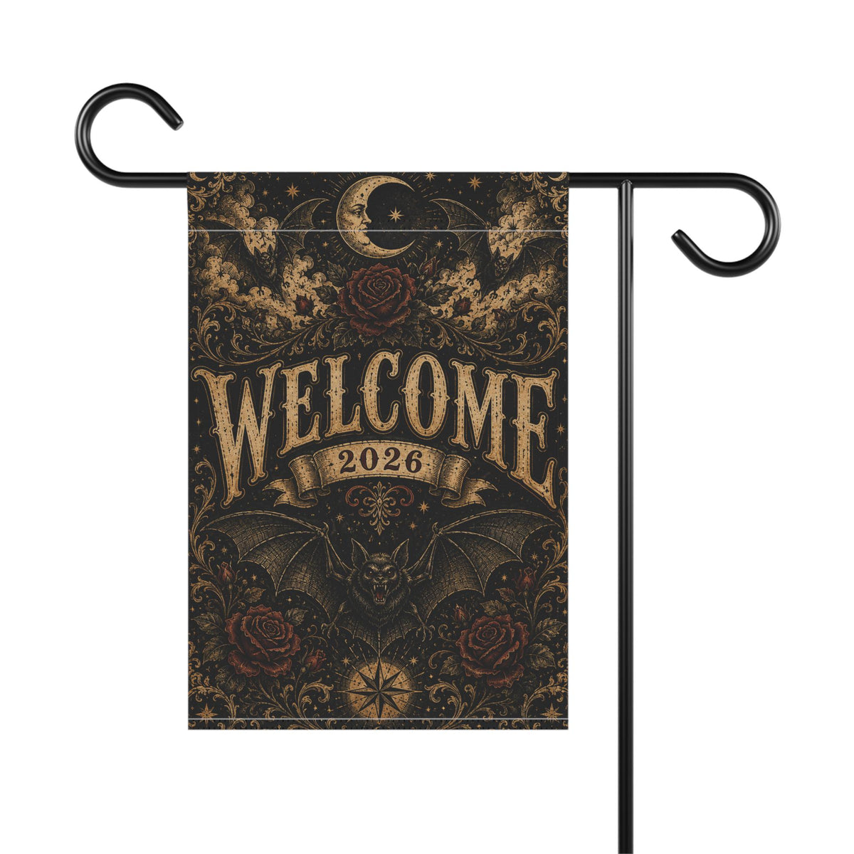 Gothic Bat Halloween Garden Flag, Welcome 2026 Moon Rose Yard Decor, Vintage Witchy Outdoor Flag, Spooky Victorian Halloween Porch Decor