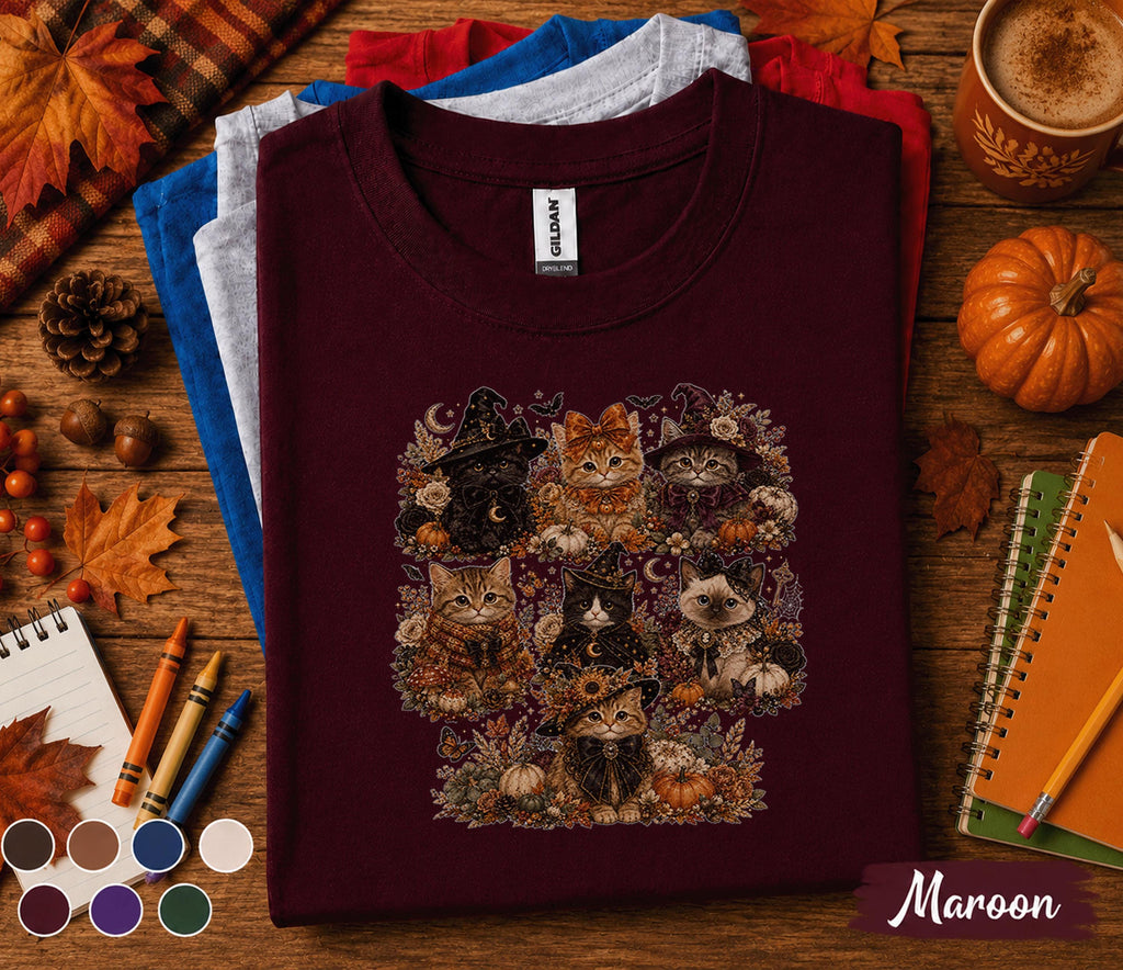 Cute Halloween Cat Shirt, Witch Kitten Pumpkin Tee, Spooky Black Cat T-Shirt, Autumn Cat Lover Gift, Cute Ghost Halloween Fall Shirt