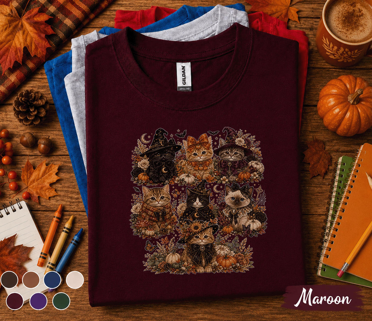 Cute Halloween Cat Shirt, Witch Kitten Pumpkin Tee, Spooky Black Cat T-Shirt, Autumn Cat Lover Gift, Cute Ghost Halloween Fall Shirt
