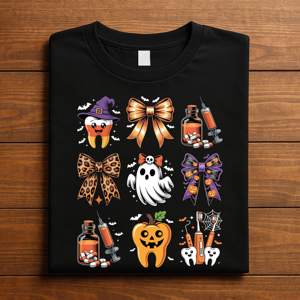 Dentist Halloween Dental Shirt Ghosts Pumpkins Teeth Bows, Spooky Dentist Hygienist Syringe Graphic Tee