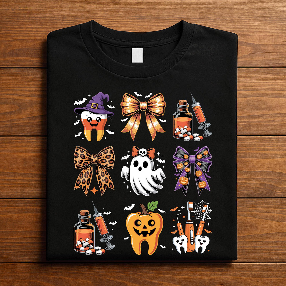 Dentist Halloween Dental Shirt Ghosts Pumpkins Teeth Bows, Spooky Dentist Hygienist Syringe Graphic Tee