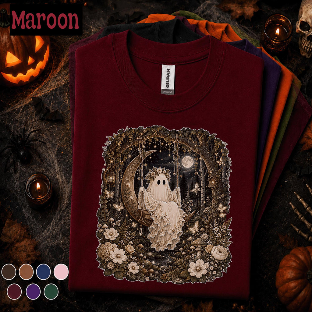 Boho Ghost Halloween Shirt, Crescent Moon Swing Tee, Whimsical Spooky Forest Shirt, Cottagecore Halloween Gift for Women