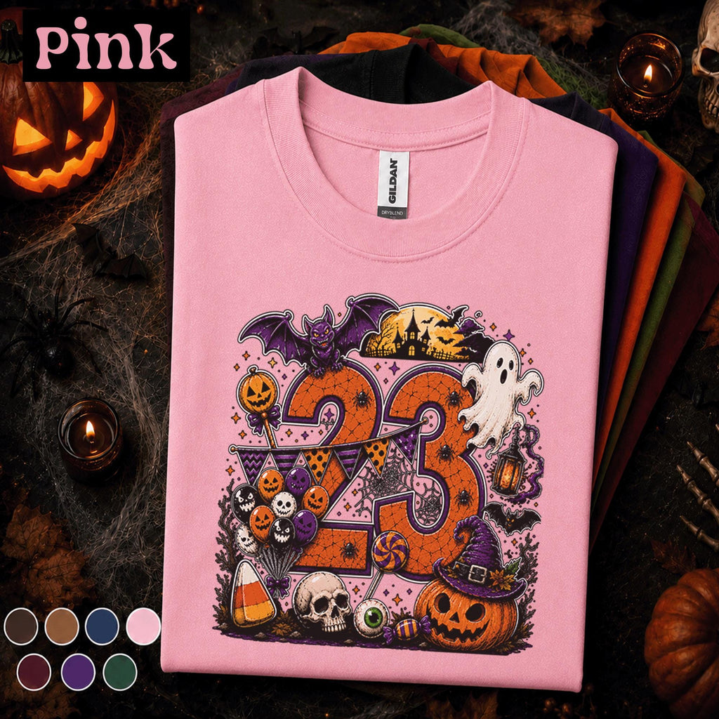 23rd Birthday Halloween Shirt, Spooky Number 23 Tee, October Birthday Party Shirt, Ghost Pumpkin Witch Halloween Gift for Women Men