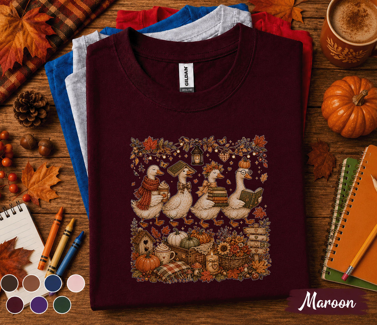 Cute Autumn Goose Shirt, Cozy Fall Reading Goose Tee, Cottagecore Duck Pumpkin T-Shirt, Book Lover Thanksgiving Gift, Harvest Season Outfit