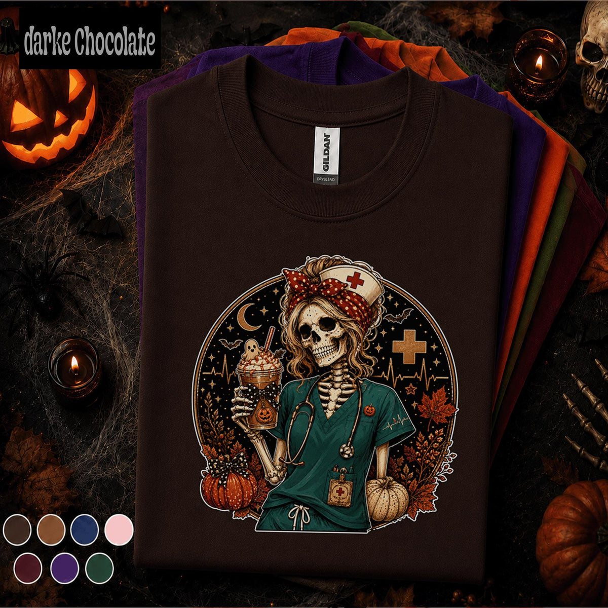 Skeleton Nurse Halloween Shirt, Spooky Registered Nurse Tee, Pumpkin Coffee Nursing Gift, Cute Fall Healthcare Worker Halloween T Shirt