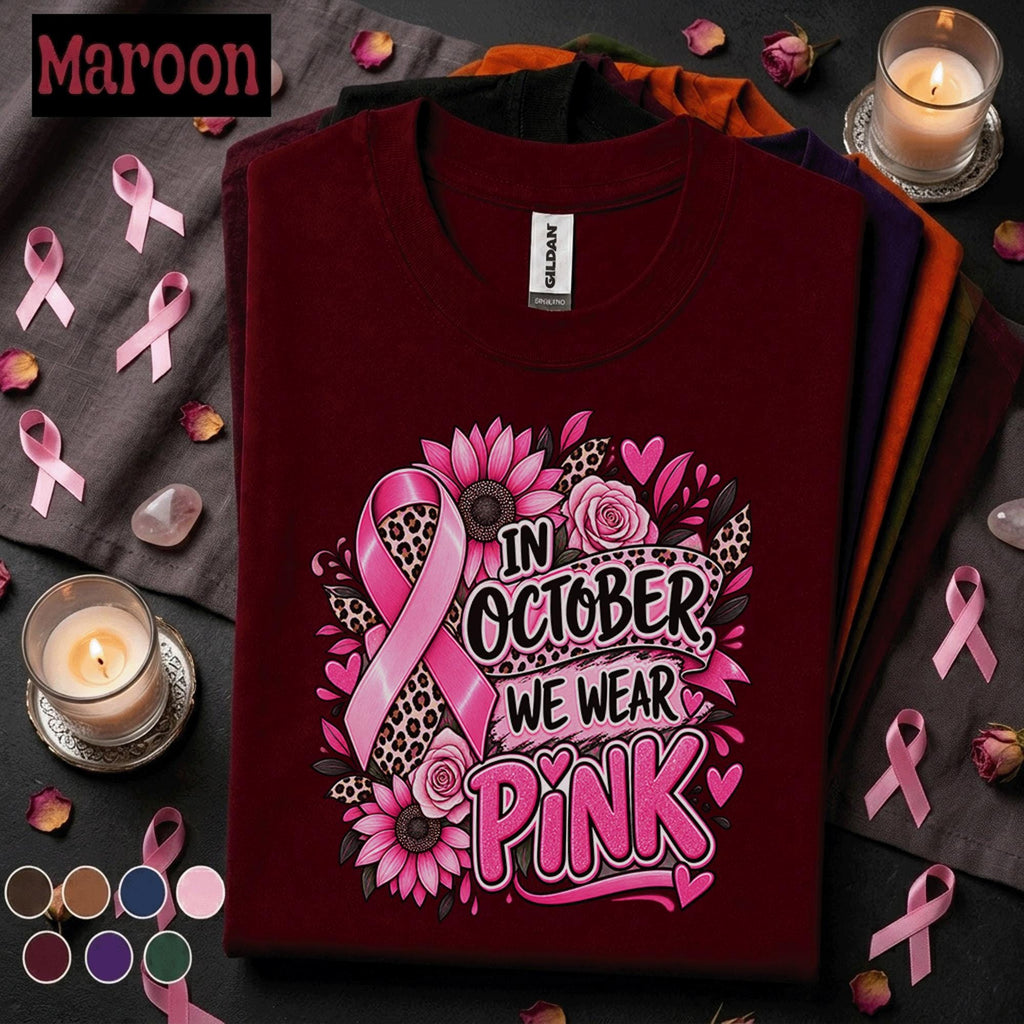 Breast Cancer Awareness Shirt, In October We Wear Pink Tee, Pink Ribbon Leopard Floral Shirt, Survivor Fighter Support Gift for Women