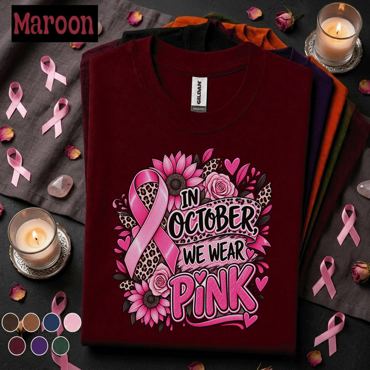 Breast Cancer Awareness Shirt, In October We Wear Pink Tee, Pink Ribbon Leopard Floral Shirt, Survivor Fighter Support Gift for Women