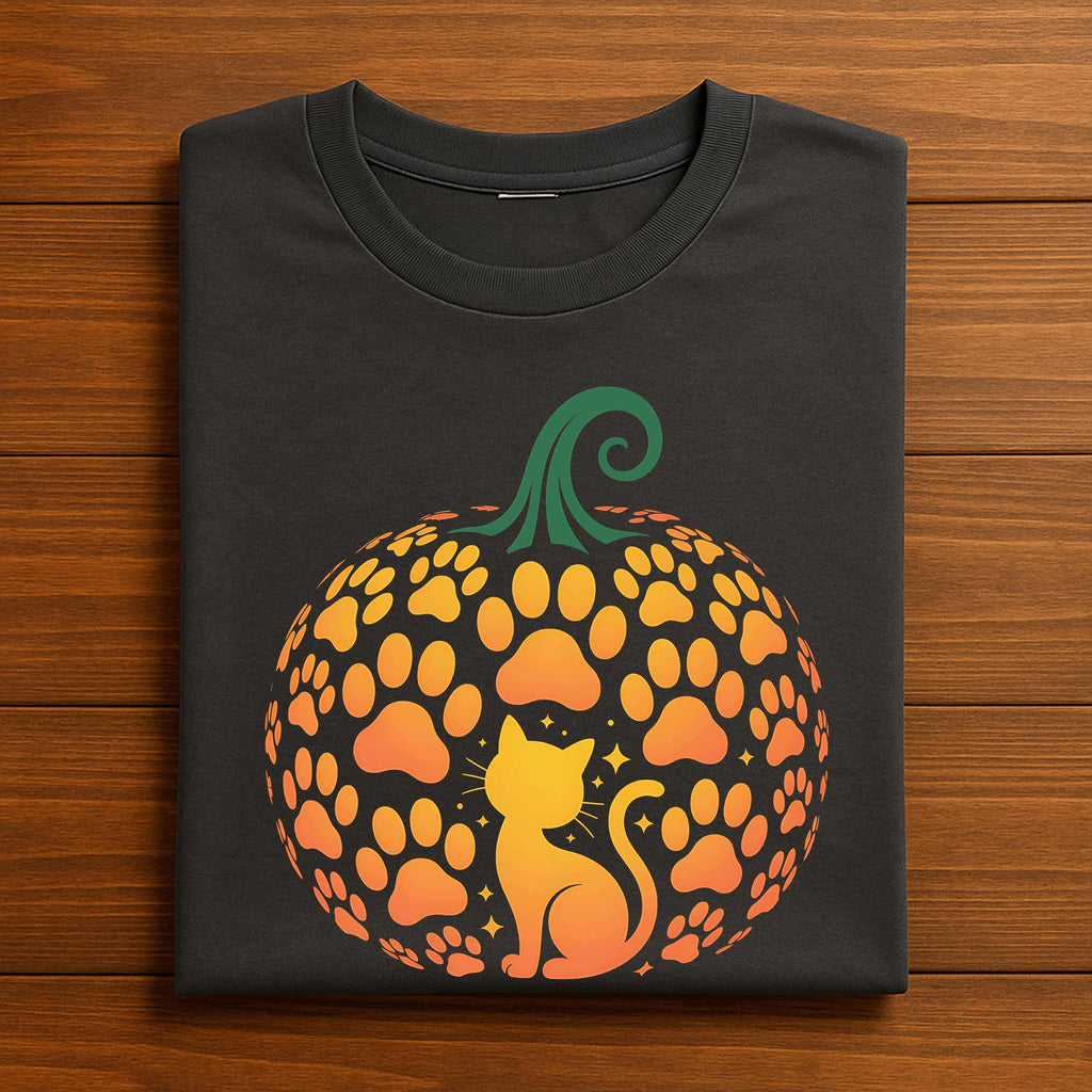 Halloween Pumpkin Cat Shirt with Glowing Paw Tee | Fall Animal Lover shirts Gift for Pet Moms and Cute Autumn, Cute Cat Halloween Shirt