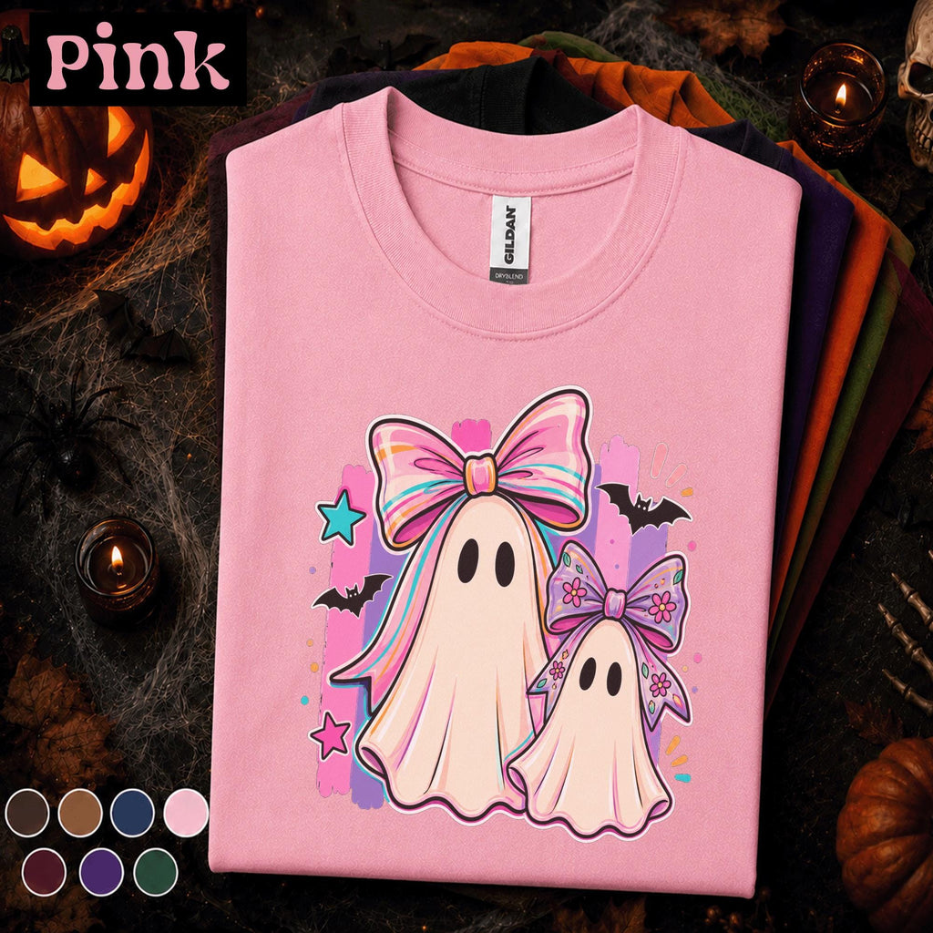 Cute Ghost Halloween Shirt, Coquette Bow Ghost Tee, Pink Spooky Season T Shirt, Kawaii Matching Ghosts, Girly Halloween Gift for Women