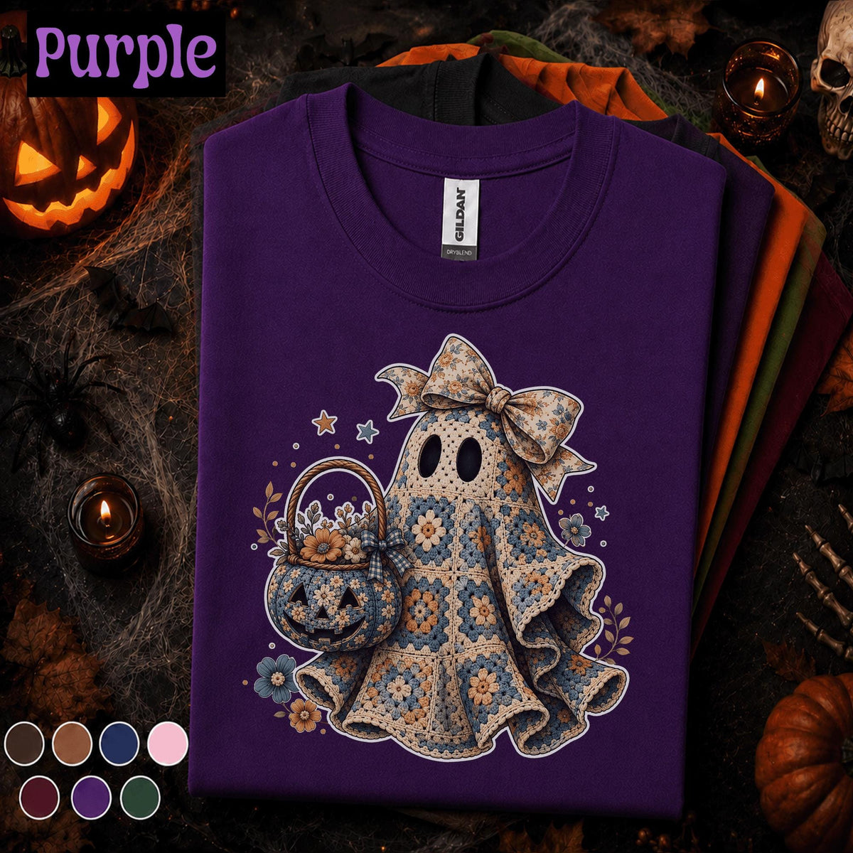 Crochet Ghost Halloween Shirt, Granny Square Ghost Tee, Cute Floral Pumpkin T Shirt, Cottagecore Spooky Season Gift for Women Girls