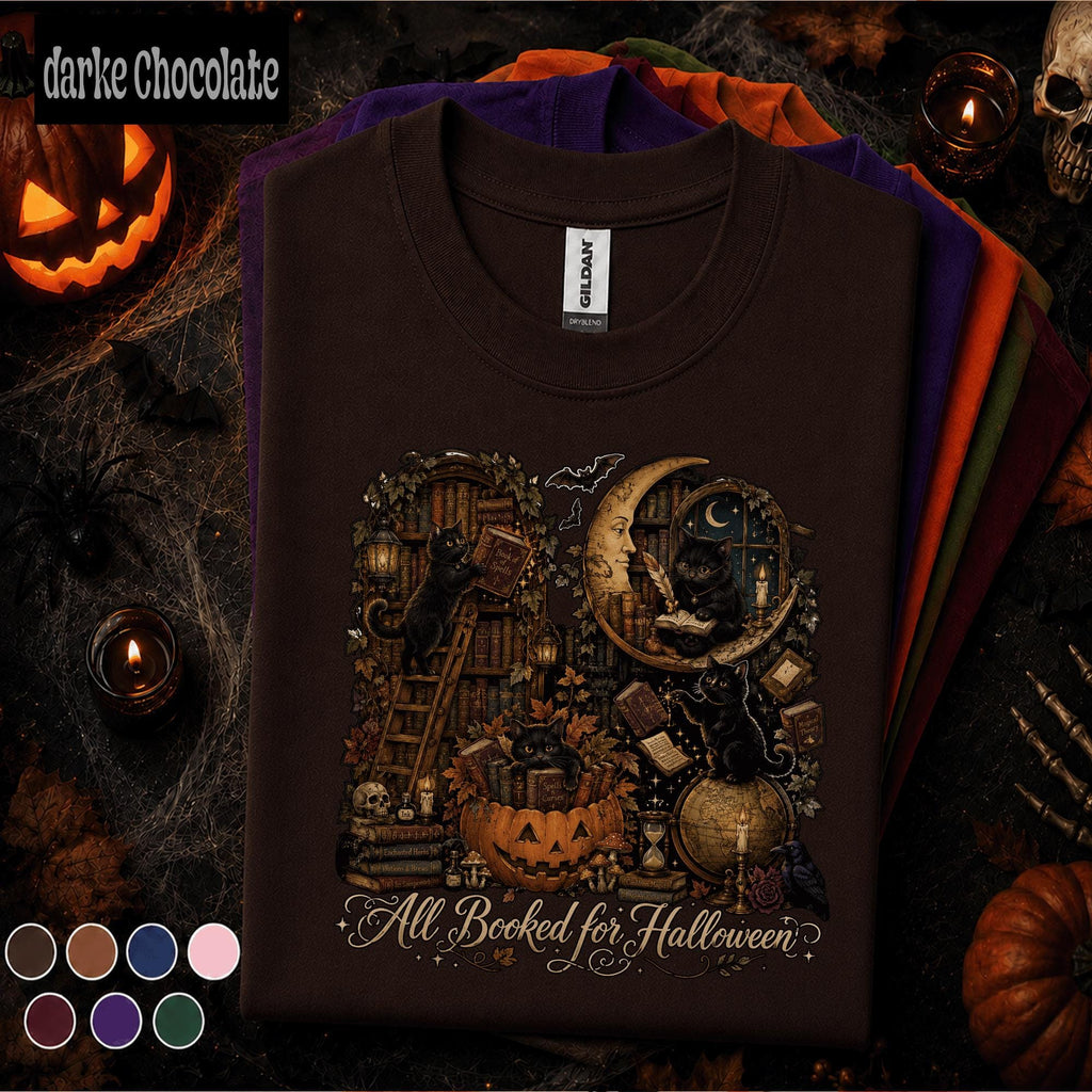 All Booked for Halloween Shirt, Black Cat Book Lover Tee, Gothic Library Halloween Shirt, Witchy Reader Gift, Spooky Bookish Fall Tee