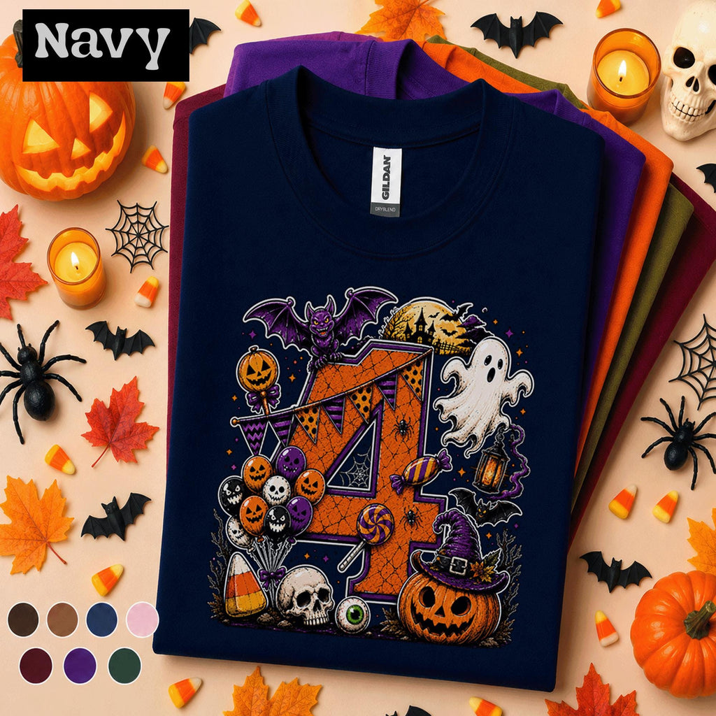 4th Birthday Halloween Shirt, Spooky Number 4 Tee, October Birthday Party Shirt, Ghost Pumpkin Witch Kids Halloween Gift for Girls Boys