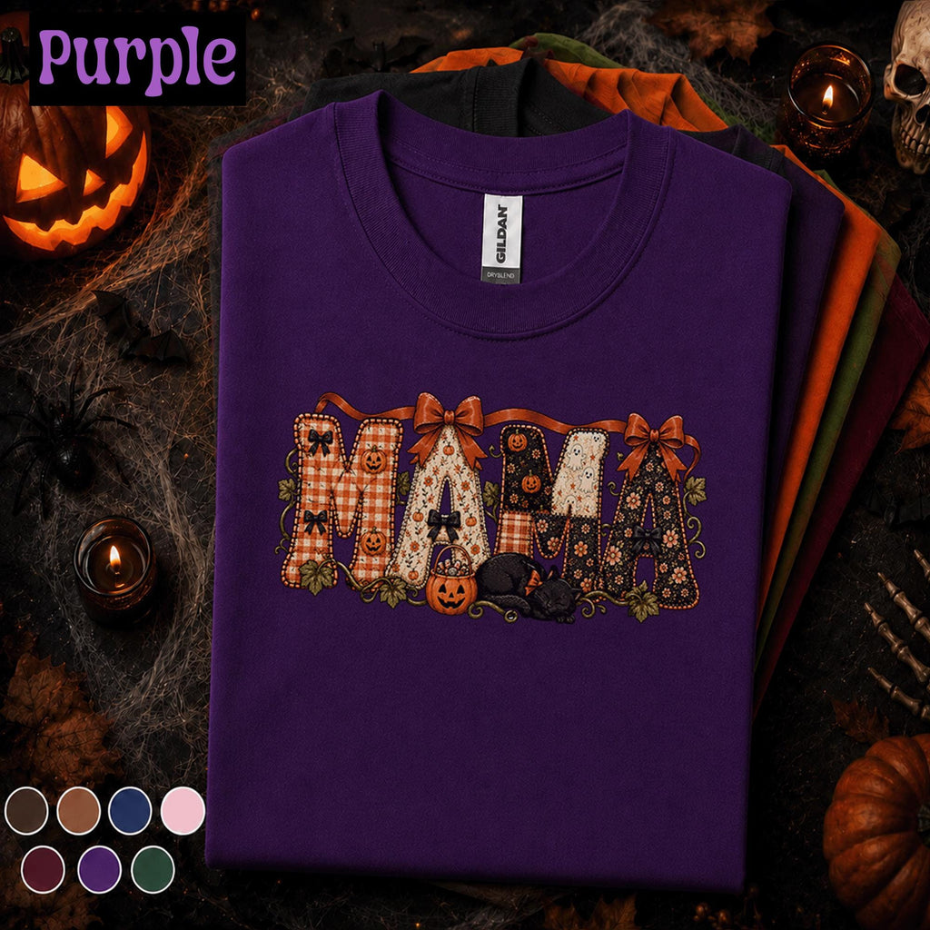 Mama Halloween Shirt, Retro Patchwork Pumpkin Mom Tee, Black Cat Spooky Mama Shirt, Cute Fall Halloween Gift for Mom Autumn Tee