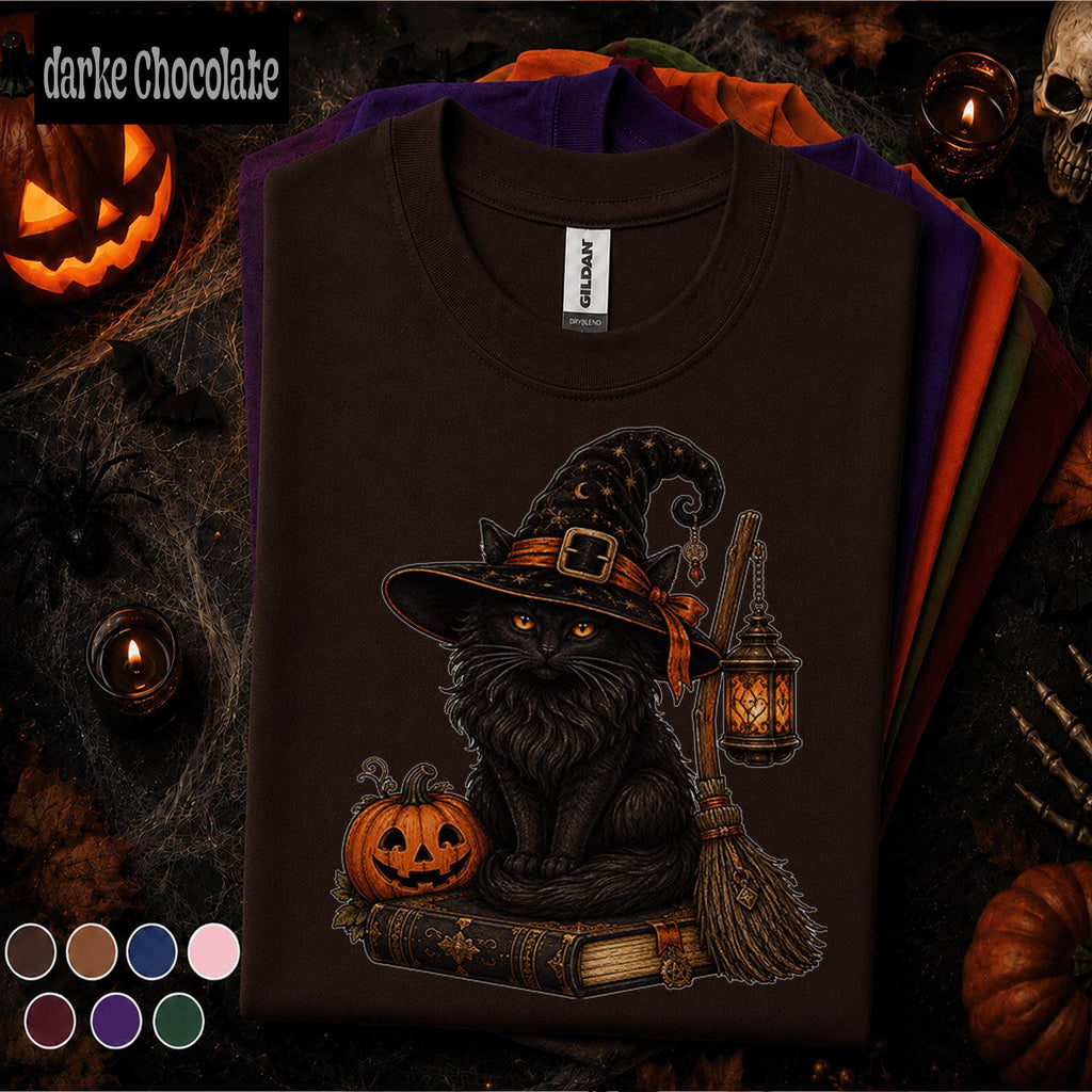 Black Cat Witch Halloween Shirt, Spooky Witchy Cat Tee, Pumpkin Magic Graphic Shirt, Gothic Fall Cat Lover Gift, Vintage Halloween Tee