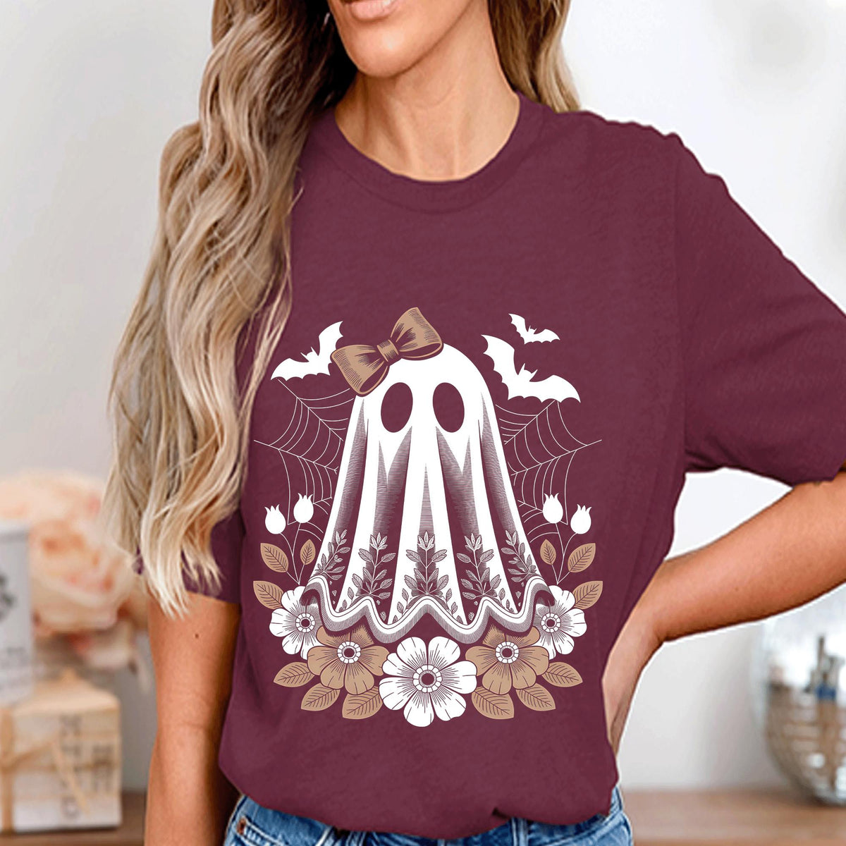 Ghost Halloween Shirt, Floral Spooky Cute Spirit Tee, Aesthetic Witchy Bow Haunted Season Top, Gothic Halloween Shirt, Halloween Sweatshirt