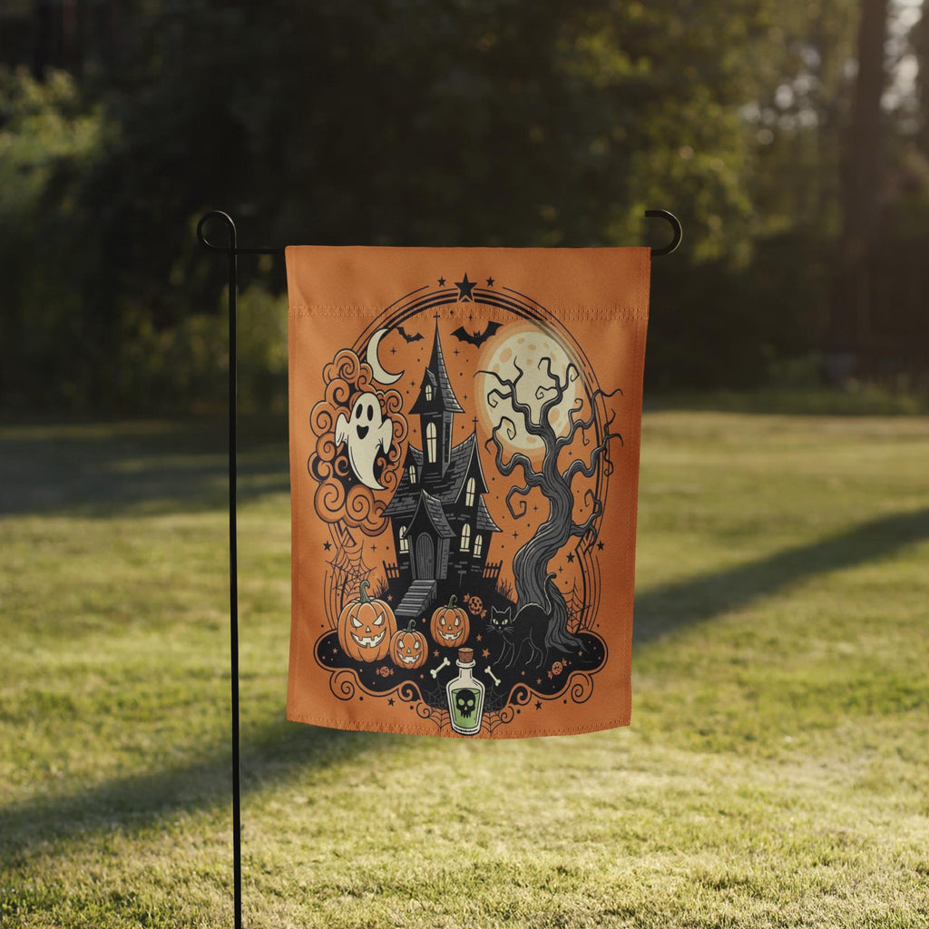 Vintage Halloween Garden Flag | Orange Black Cat Witch Yard Decor | Spooky Pumpkin BOO Banner, Halloween Decoration, Ghost Garden Flag