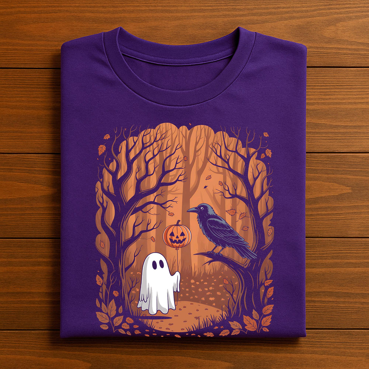 Ghost and Raven Forest Shirt, Autumn Halloween Tee, Spooky Cute Ghost & Crow T-Shirt, Pumpkin Balloon Fall Shirt, Gift Halloween Sweatshirt
