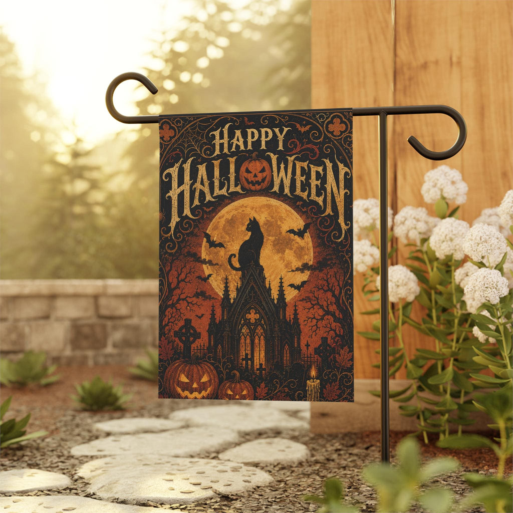 Black Cat Halloween Garden Flag, Gothic Full Moon Yard Decor, Happy Halloween Pumpkin Flag, Vintage Spooky Outdoor Porch Decoration