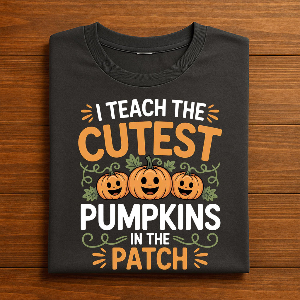 I Teach the Cutest Pumpkins Shirt, Gift Halloween Teacher Tee with Smiling Pumpkins and Vines