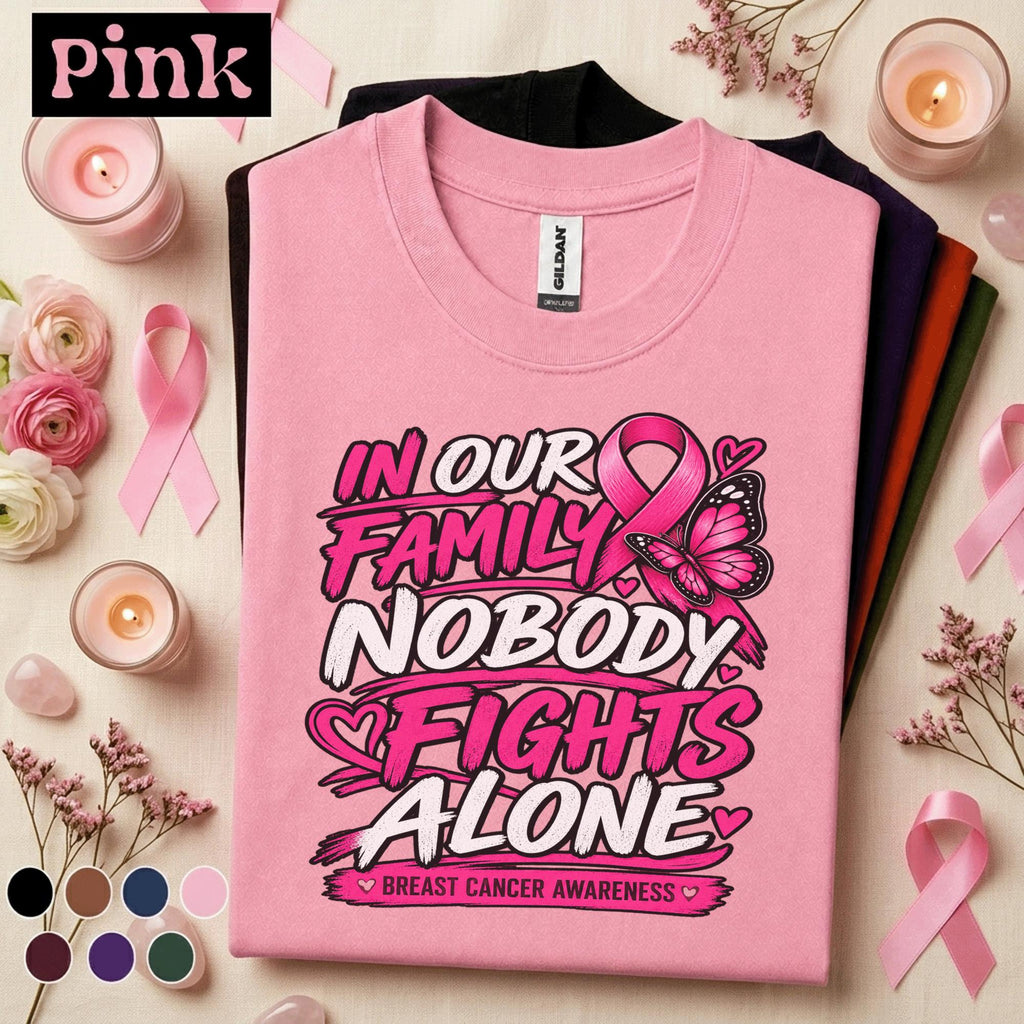 Breast Cancer Awareness Shirt, Nobody Fights Alone Family Tee, Pink Ribbon Butterfly Shirt, Support Squad Gift for Women Pink October