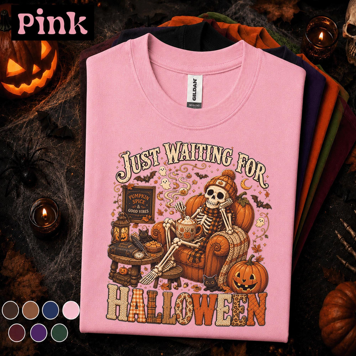 Just Waiting for Halloween Shirt, Skeleton Pumpkin Spice Tee, Cozy Spooky Season Shirt, Vintage Fall Halloween Lover Gift Tee