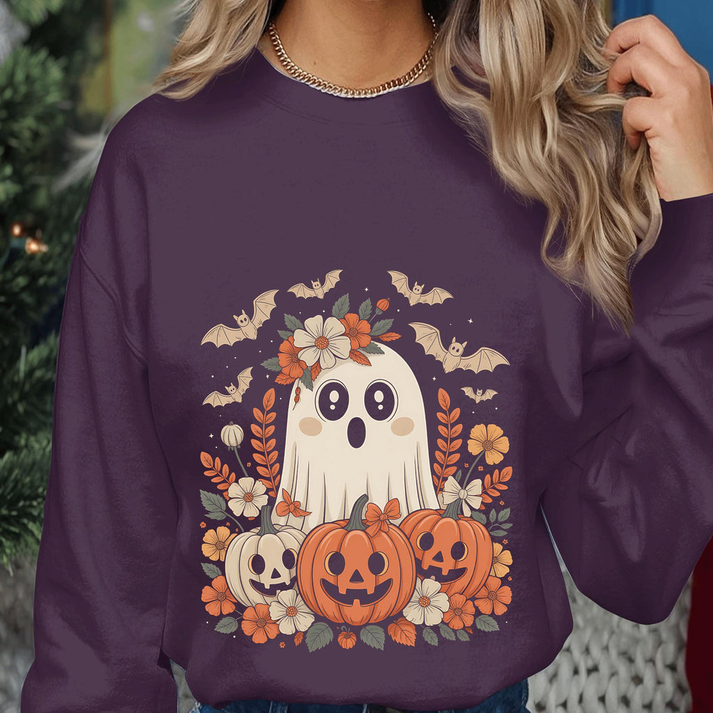 Floral Ghost Halloween Shirt, Cute Spooky Pumpkin Bat Tee, Haunted Season Top, Women Halloween Sweatshirt, Pumpkin Sweatshirt Girl