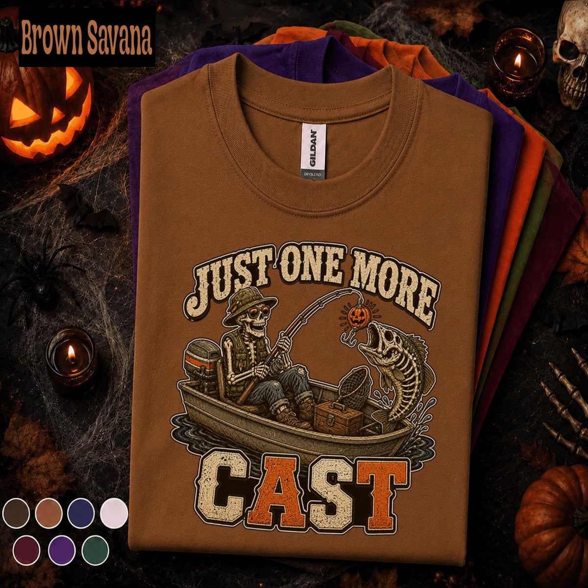Just One More Cast Halloween Fishing Shirt, Skeleton Fisherman Tee, Spooky Angler Gift, Pumpkin Lure Fishing Tee, Funny Fall Fishing Shirt