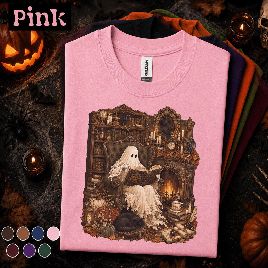 Cozy Ghost Reading Shirt, Vintage Halloween Tee, Spooky Book Lover Gift, Gothic Library Shirt, Autumn Pumpkin T Shirt, Witchy Fall Top