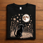 Black Cat Gazing at Full Moon Shirt, Mystical Spooky Cat with Flowers Tee