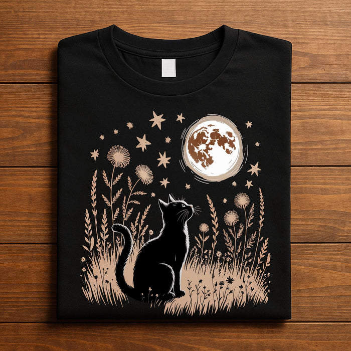 Black Cat Gazing at Full Moon Shirt, Mystical Spooky Cat with Flowers Tee