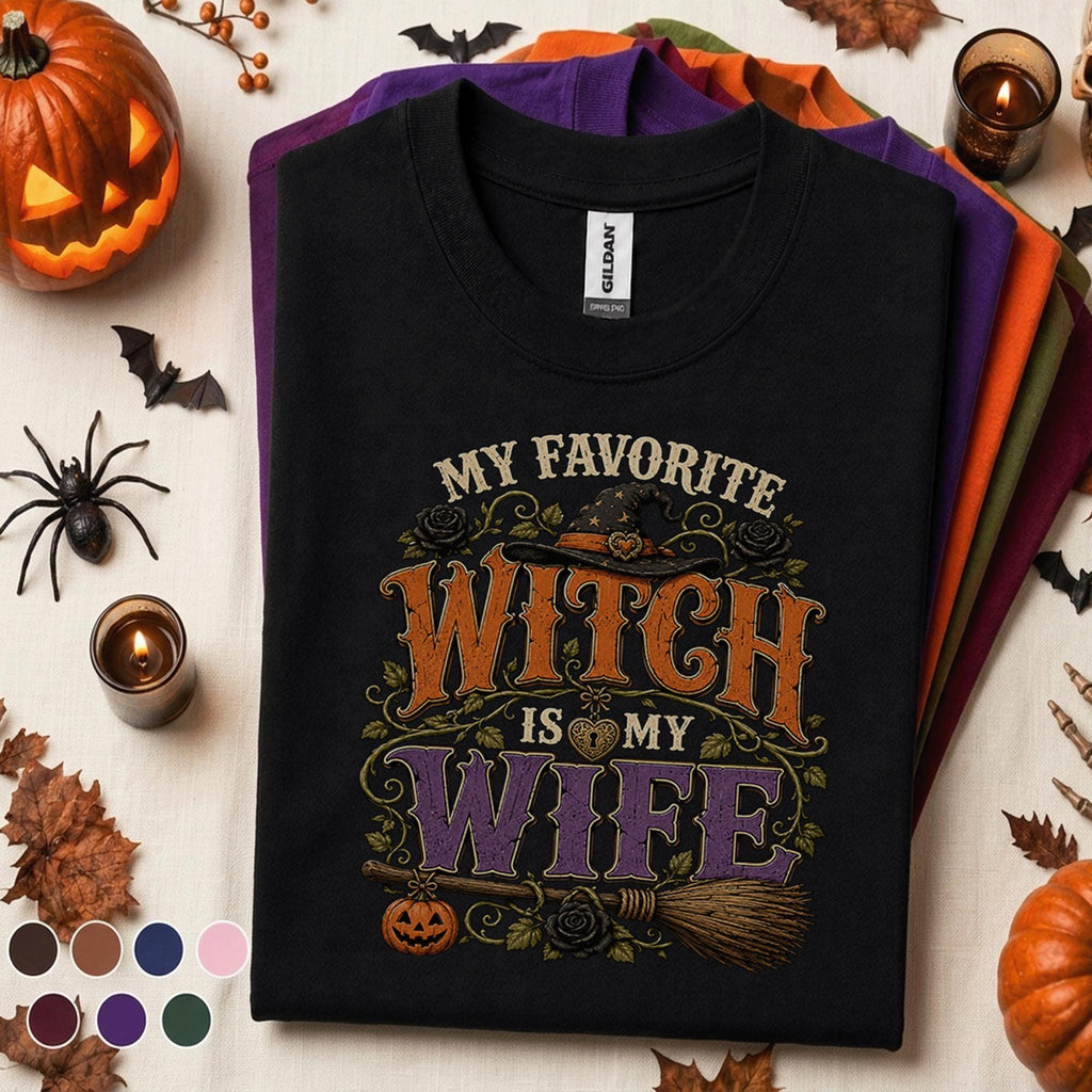 My Favorite Witch Is My Wife Halloween Shirt, Funny Husband Wife Tee