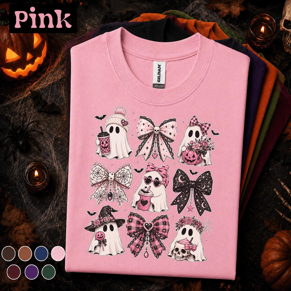 Pink Ghost Halloween Shirt, Coquette Bow Spooky Tee, Cute Girly Ghost Shirt, Pink Halloween Gift, Witchy Bow Ghost Tee