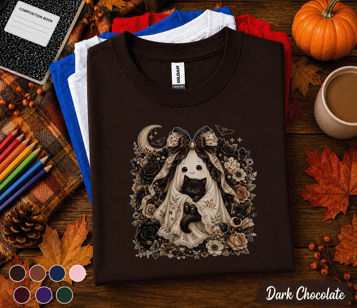 Cute Ghost Cat Halloween Shirt, Black Kitten Boo Tee, Spooky Floral Ghost T-Shirt, Gothic Autumn Cat Lover Gift, Witchy Fall Shirt