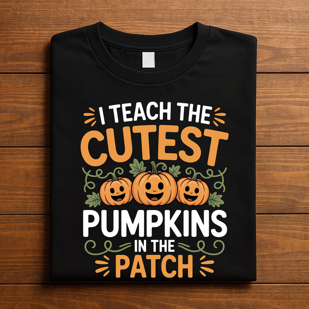 I Teach the Cutest Pumpkins Shirt, Gift Halloween Teacher Tee with Smiling Pumpkins and Vines, Sweatshirt Preschool Kindergarten Fall Top
