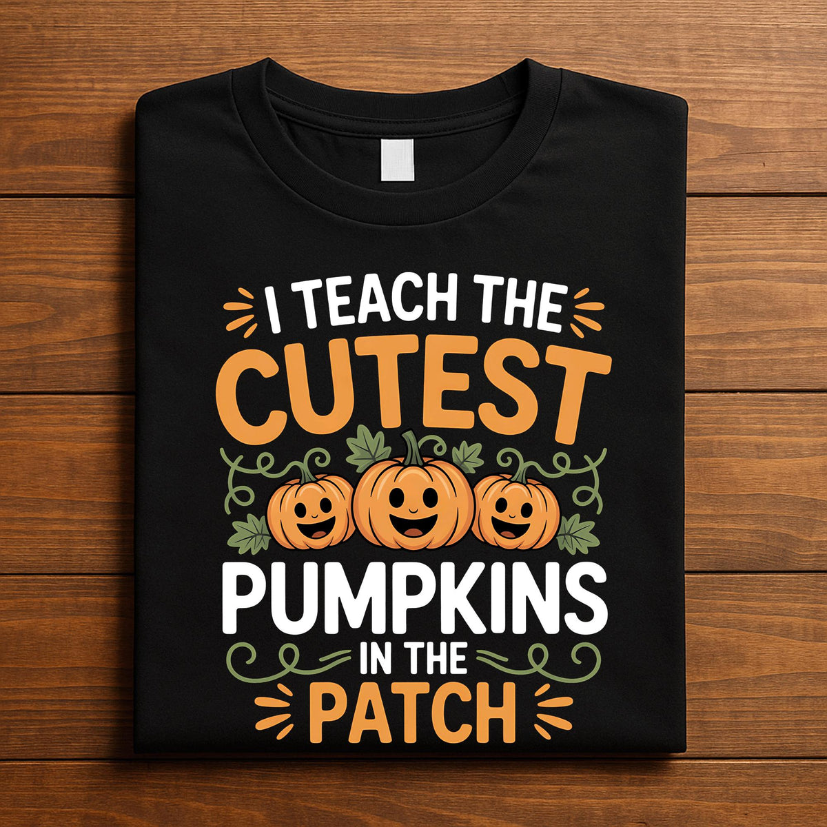 I Teach the Cutest Pumpkins Shirt, Gift Halloween Teacher Tee with Smiling Pumpkins and Vines, Sweatshirt Preschool Kindergarten Fall Top