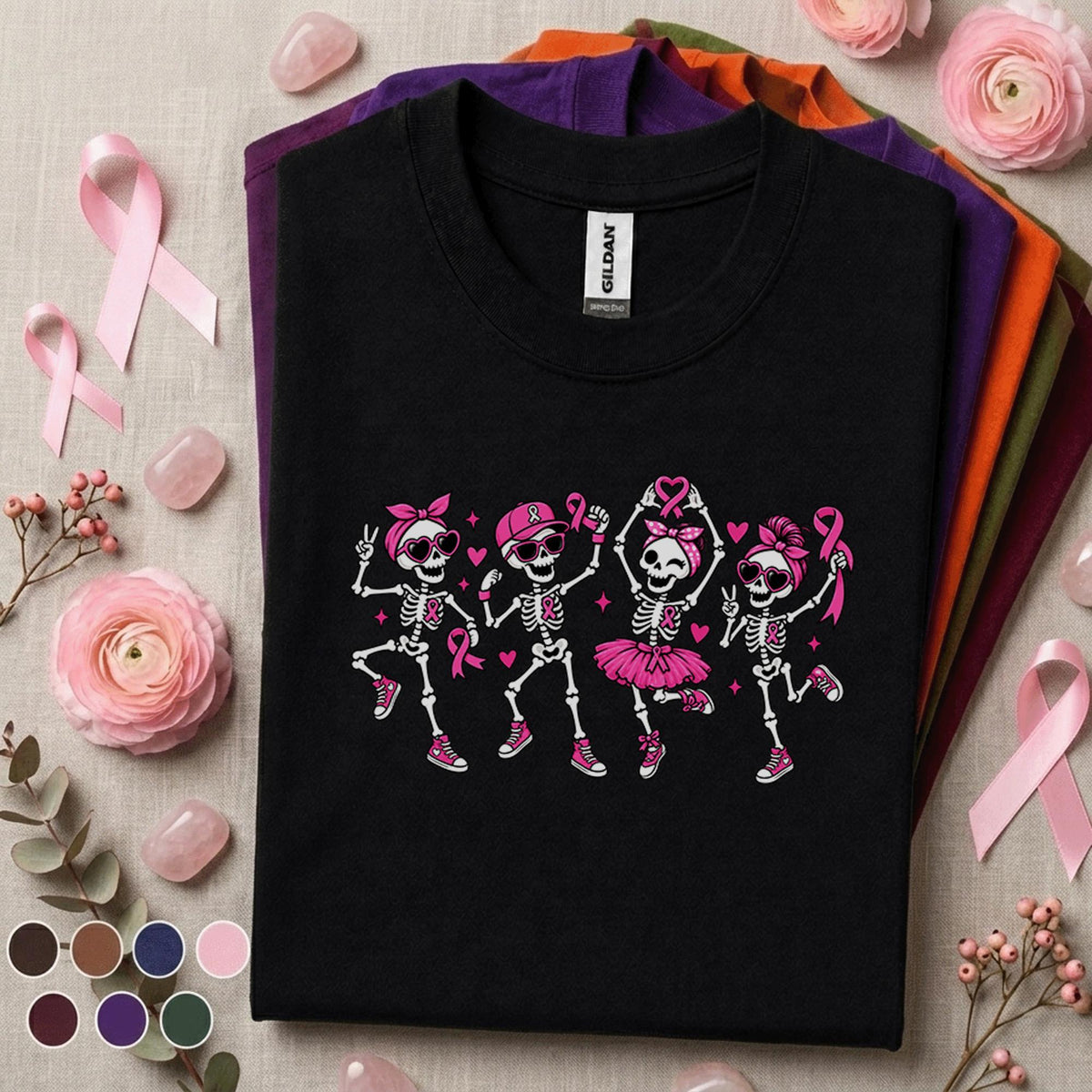 Breast Cancer Awareness Shirt, Pink Ribbon Skeleton Tee, Dancing Skeleton Support Shirt, October Pink Out Gift for Survivor Women